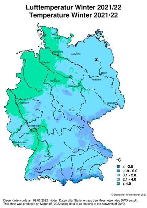 Klimkarte der Temperaturen im Winter 2021/22 in Deutschland